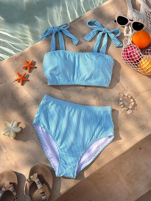Herseas Women's Striped High-Waisted Bikini Set - Stylish Tie Shoulder Design | 2-Piece Swimsuit