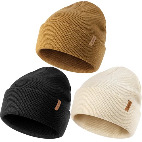 OLIKER 3 Pack Beanie for Men Women, Winter Double Layer Warm Knit Cuffed Hat Stylish Slouchy Skull Cap for Cold Weather (US, Alpha, One Size, Beige+Brown+Black)