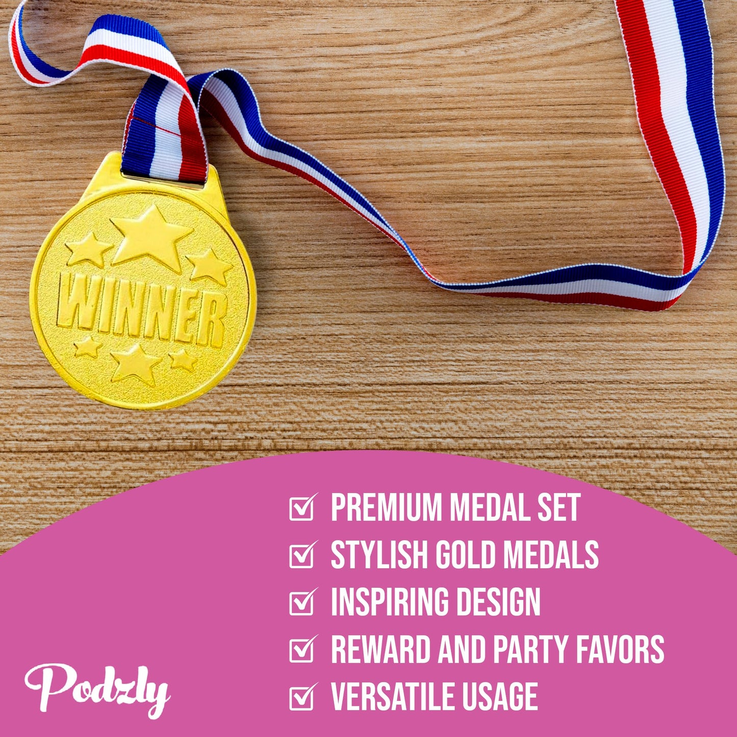 Podzly 50 Piece Goldtone Plastic Award Winner Medal Set - Ideal for Sports, Games, Competitions, Rewards, Talent Shows, Parties, Party Favors, or Decor - Stylish Gold Medals with Ribbons for Kids