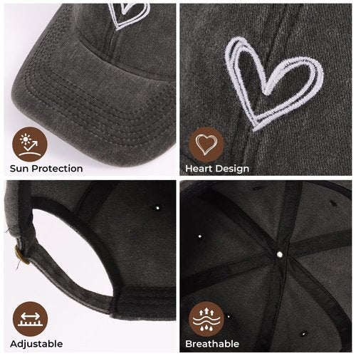 ANLIOTO 2 Pack Heart Baseball Caps for Women Men, Cute Adjustable Washed Sun Hats for Outdoor Running Golf Black Grey