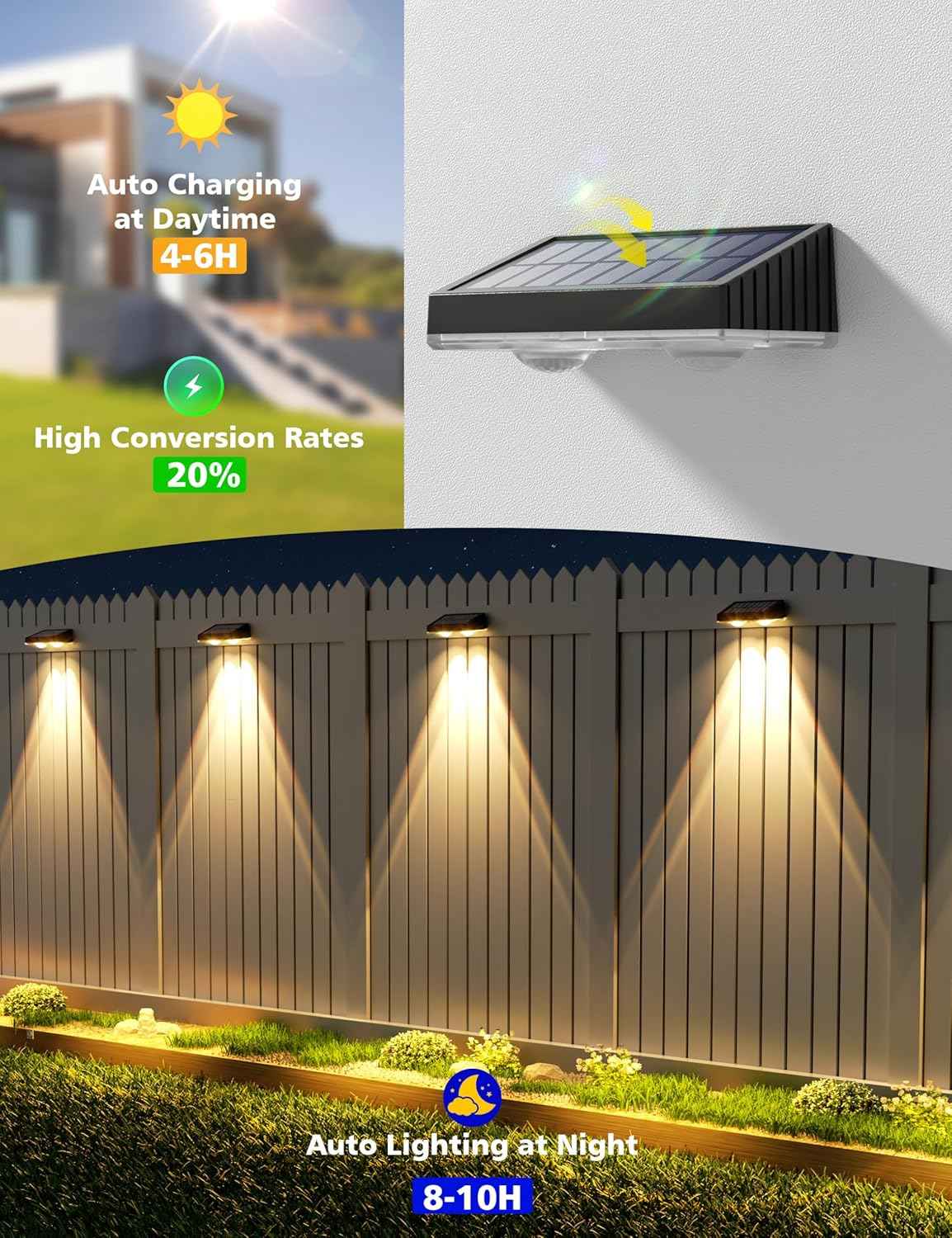 Solar Fence Lights Outdoor - Waterproof Warm White LED Lighting for Backyard, Deck & Patio (16 Pack, Black)