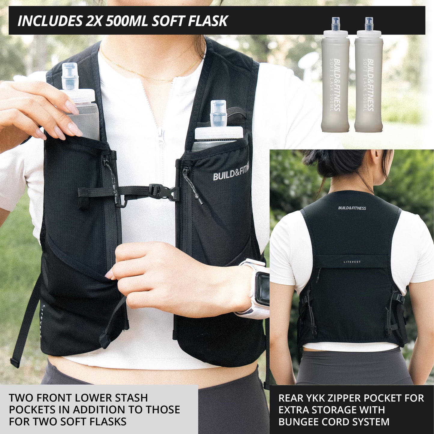 Build & Fitness LITEVEST Running Vest with 2X 500ml Soft Flasks – 7 Pockets, Lightweight, Breathable Hydration Vest – Premium, Secure, Comfort & Style for Training, Trails, Marathons & Everyday Runs