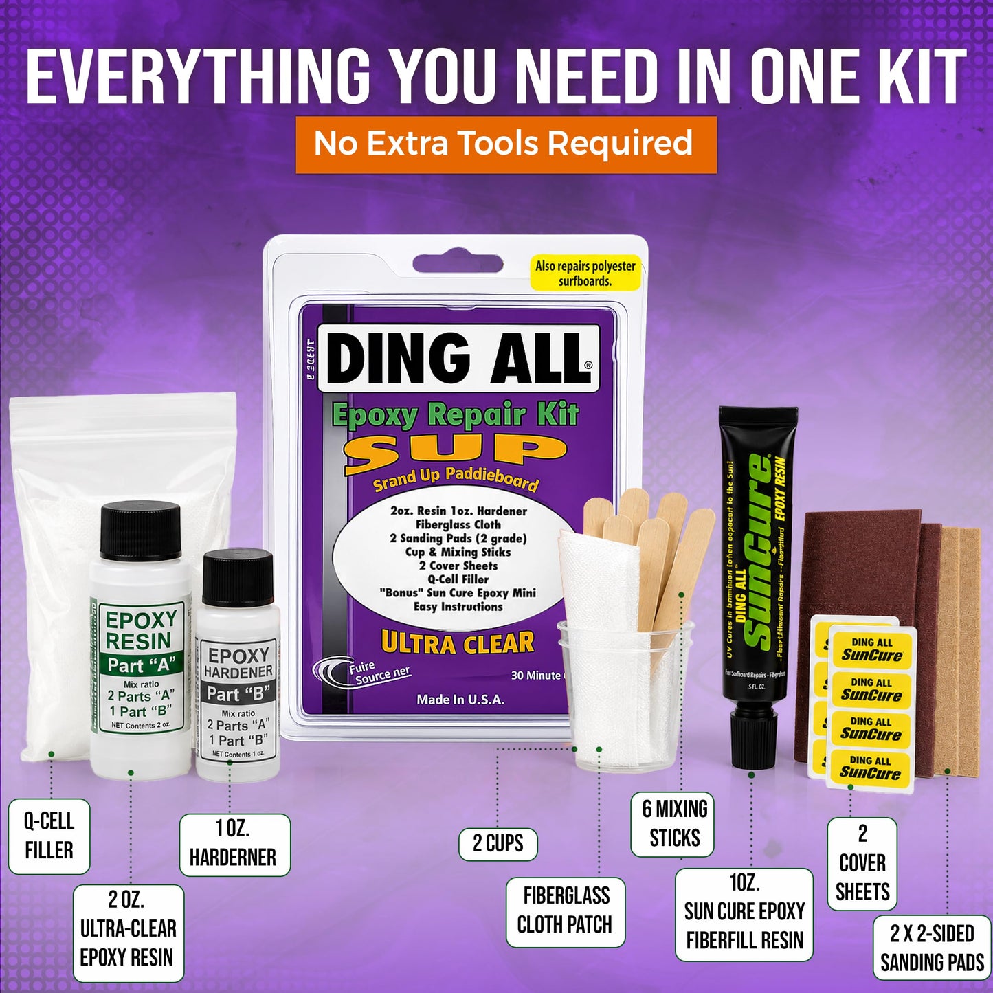 Ding All Super Stand Up Paddle Board (SUP) Epoxy Repair Kit with a Superior, Eco-Friendly and Non Yellowing Formula for Small to Medium Ding Repairs