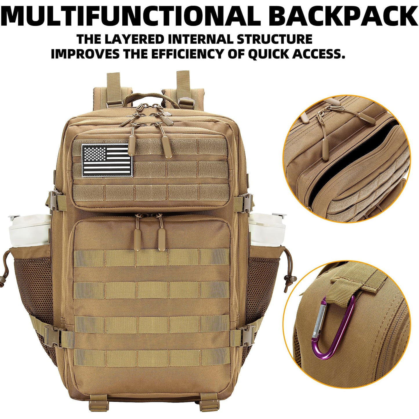 Lovelinks21 45L Tactical Assault Backpack 3 day assault pack with Molle Waterproof backpack Rucksack for Tactical Backpacks (khaki)