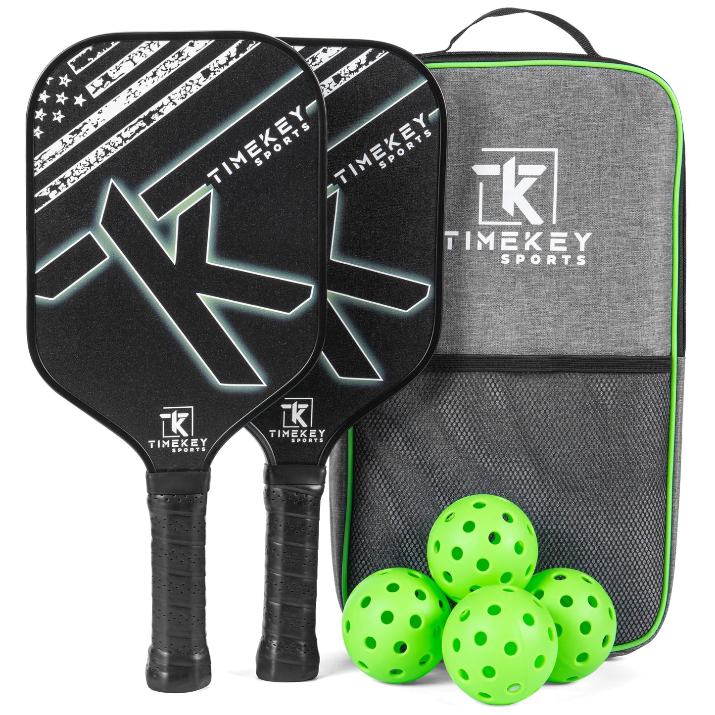 Pickleball Paddles Set of 2, Reinforced T700 Raw Carbon Fiber Paddles with High Texture Surface and Perforated Comfort Grip, Honeycomb Polypropylene Core, 4 Durable Pickleballs & Carry Bag.