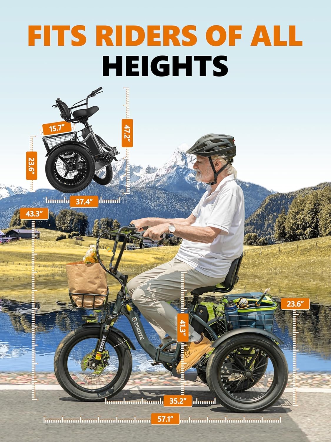 T300 Electric Trike Bike - 1200W Motor, 624Wh Battery, 18x3.0 Fat Tires | Foldable 3-Wheel E-Bike for Up to 65 Miles