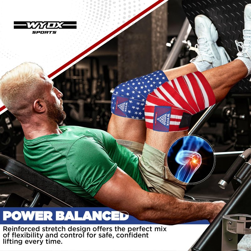 WYOX Knee Wraps (Pair) with Strap for Squats, Weightlifting, Powerlifting, Leg Press, and Cross Training - Flexible 72" Knee Wraps for Squatting - For Men & Women