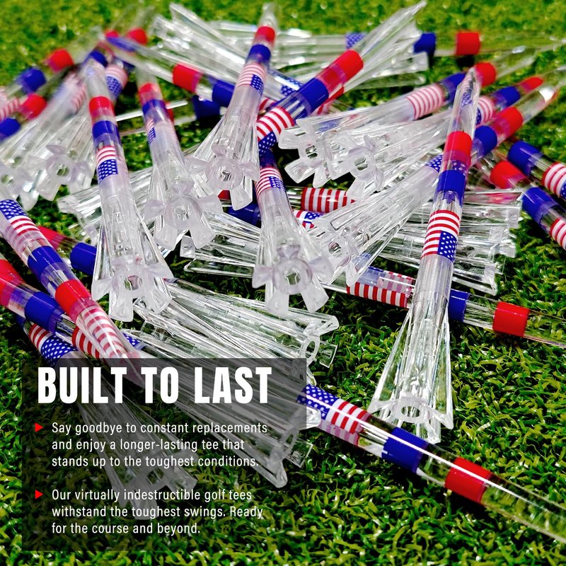 DURARANGE Elite Golf Tees - Transparent, Patriotic USA Flag Design, 5-Prong Anti-Slip, Enhanced Stability, 3-1/4" for Drivers, Durable PC Material, 50-Pack