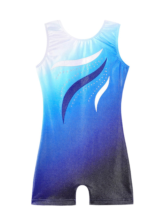 HOZIY Gymnastics Leotards for Girls with Shorts 3t 4t Toddlers Biketard Blue White Ombre Ribbons Diamond Rhinestones Sparkly