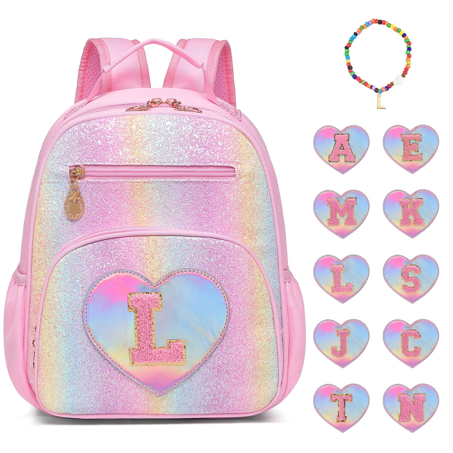 I IHAYNER Glitter Kids Backpack for School Travel & Daycare, Cute Pink Backpack with Initial, Lightweight Preschool Elementary Backpack for Girls, Personalized Gifts for Toddler & Little Girls