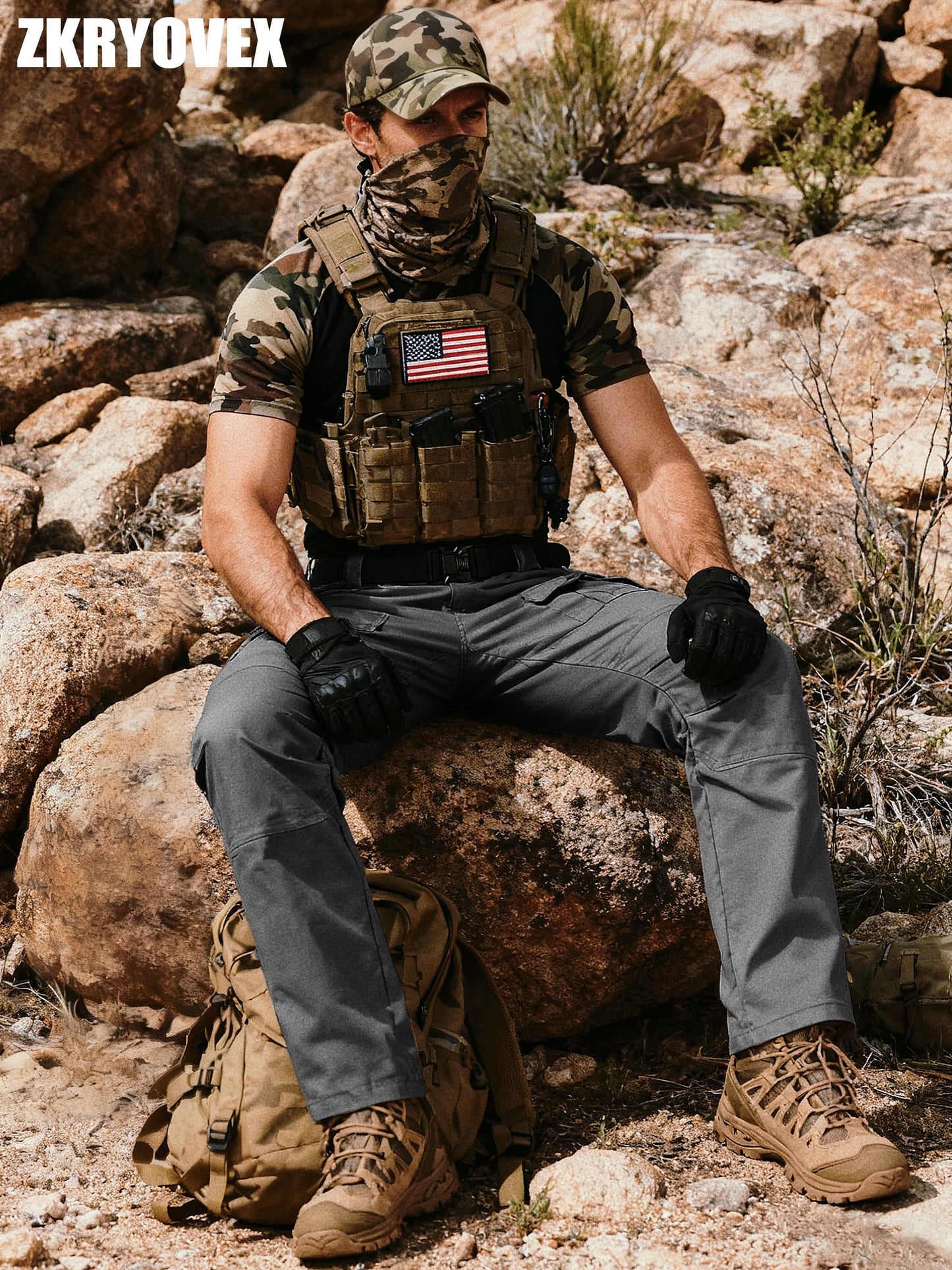 Men's Tactical Pants Water Resistant Stretch Cargo Ripstop Pants Lightweight Outdoor Military EDC Work Hiking Pants Grey 32W×34L
