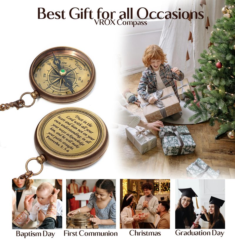 Trust in The Lord -Proverbs 3: 5-6 Quote Engraved Compass with Wooden Box, Baptism Gifts, Camping Compass, Catholic Inspirational Christian Religious Gifts for Men Women, 2025 Graduation Day Gifts
