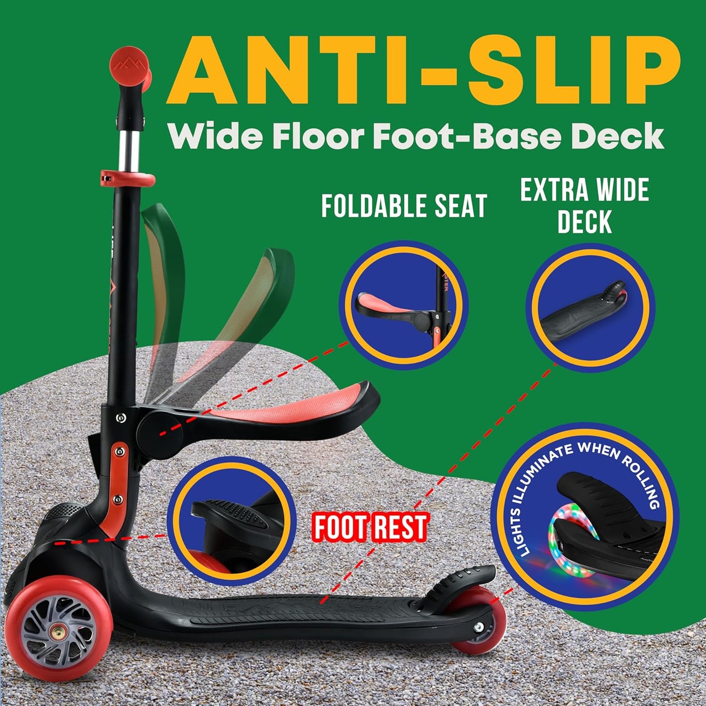 Skiennix 3-Wheel Scooter for Kids - Foldable Seat, Adjustable Handlebar, LED Wheels | Ages 2+