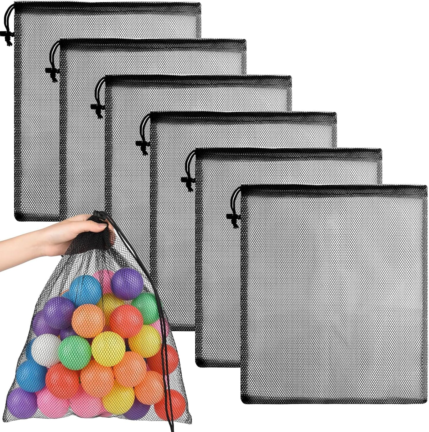 PLULON Mesh Laundry Bags - 6 Pcs Drawstring Nylon Bags for Pool & Beach Toys | 18 x 12 Inch (Black)