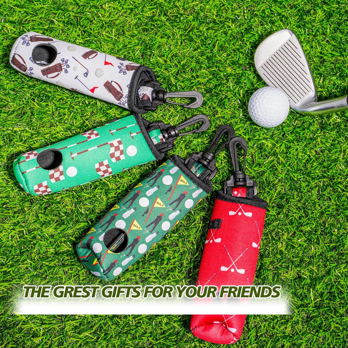 Chivao 4 Pieces Golf Tee Holder Golf Ball Carry Bag Pouch Ball Holder Keychain Belt Clip Gifts Accessories(Vivid Color,Golf)