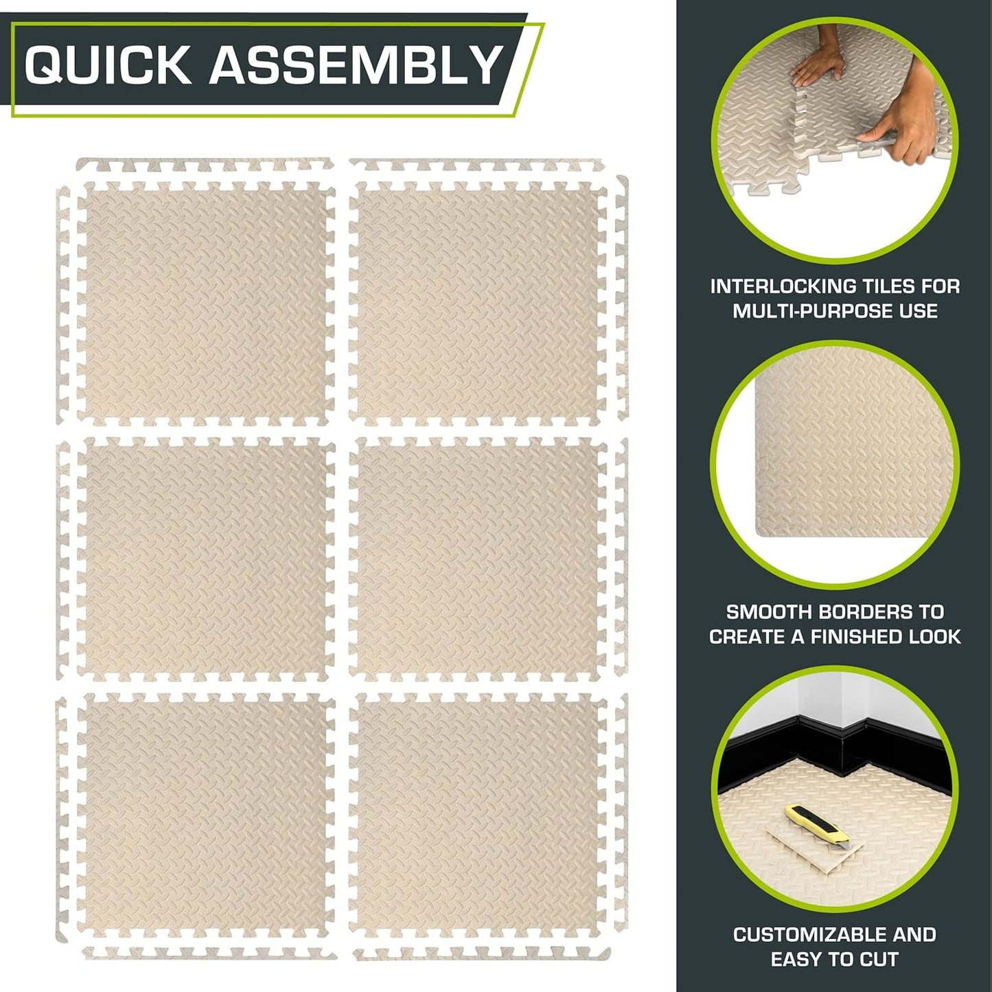 ProsourceFit Puzzle Exercise Mat - EVA Interlocking Foam Tiles for Home Gym | Cream, 24" x 24" x ½" - 6 Tiles