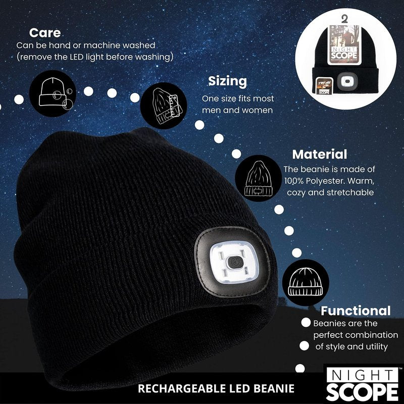 Night Scope Classic LED Rechargeable Knit Beanie Warm Head Light Hat Headlamp for Outdoor Activities - Black