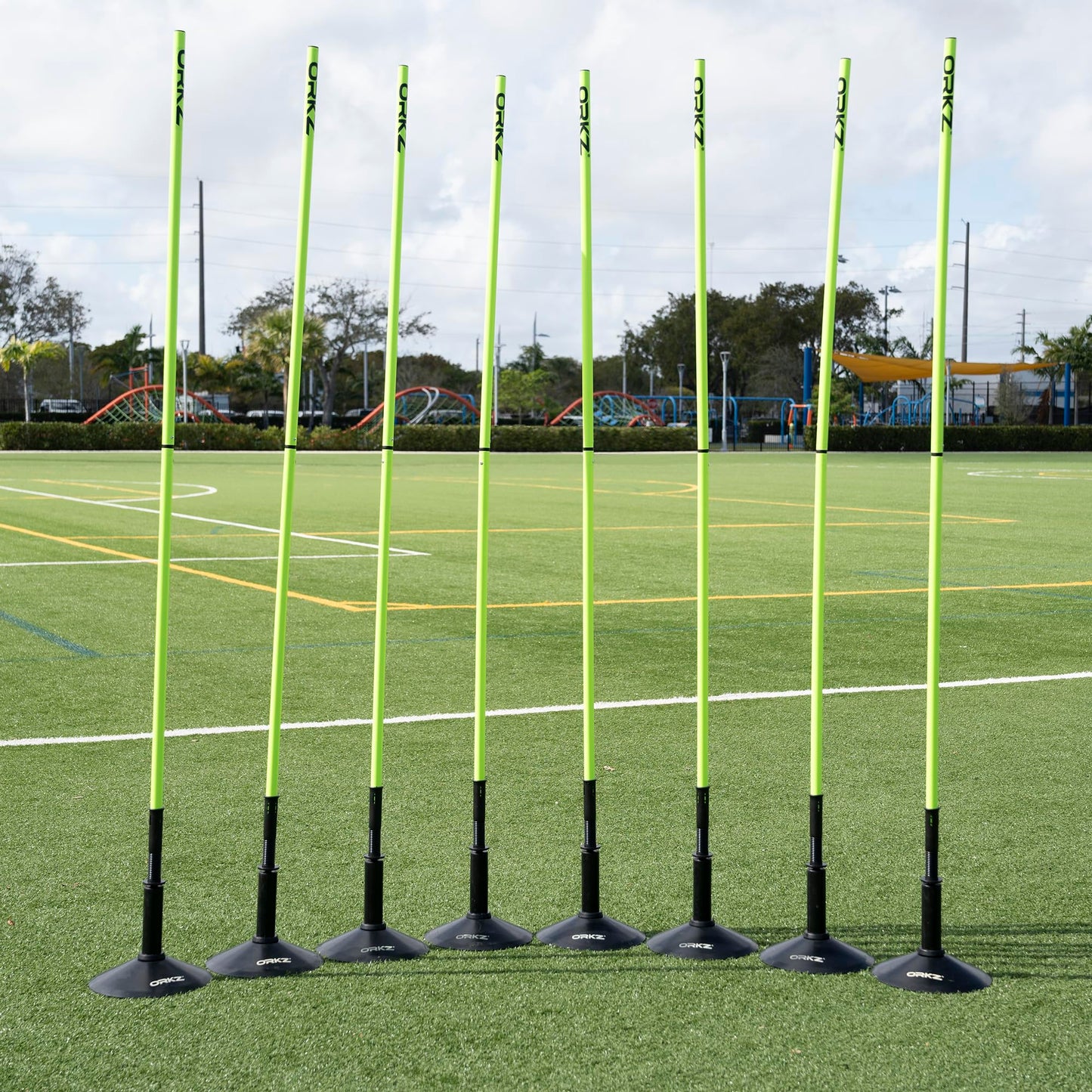 ORKZ Soccer Agility Poles 6ft - Slalom Speed Training Set with Rubber Bases, Spring Loaded, Ground Spikes and Carry Bag - Multifunctional Soccer Training Kit 8 Pack