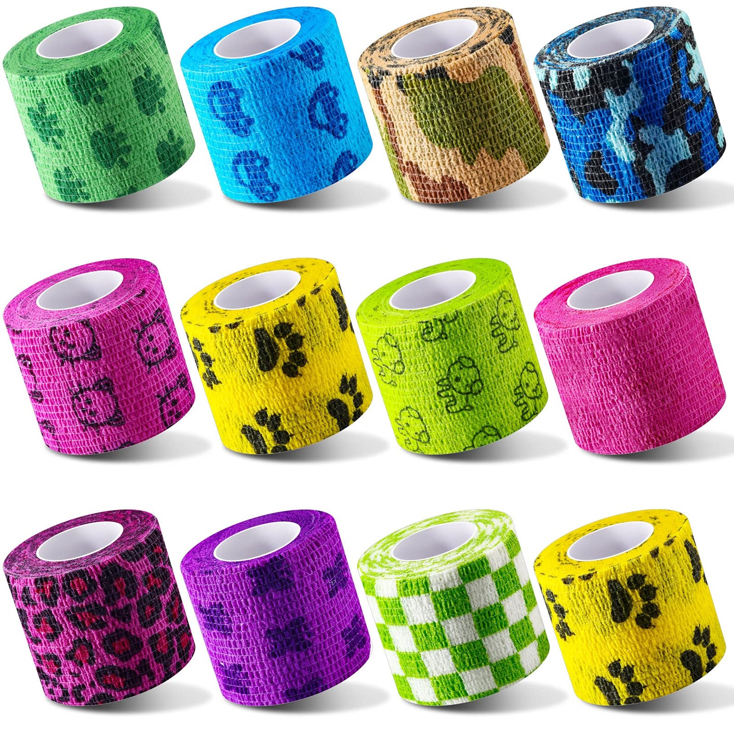 12 Pieces 2 Inch Self Adhesive Bandage Vet Non Woven Elastic Cohesive Bandage Tattoo Supplies Grip Tape Athletic Tape Gauze Wrap for Sports, Wrist, Ankle and Pet Wrap (Animal and Camouflage)
