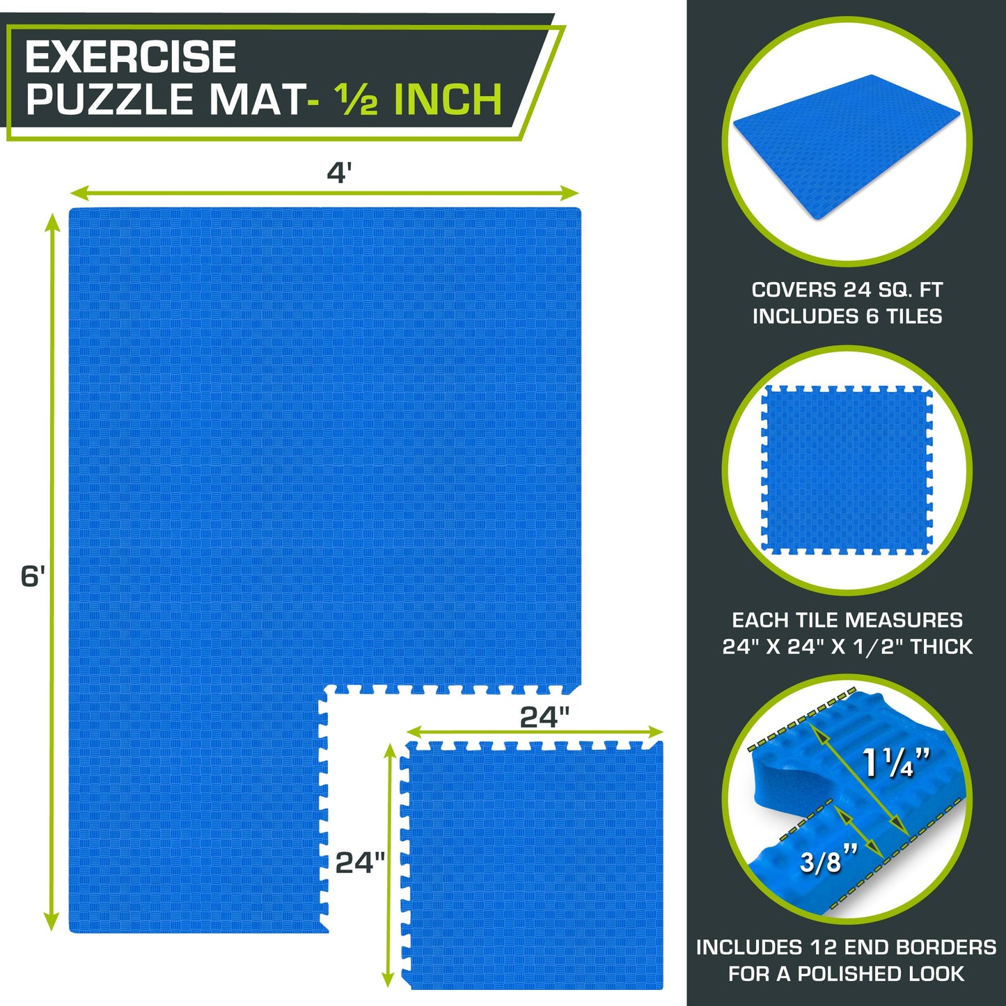 ProsourceFit Exercise Puzzle Mat ½-inch, Checkered EVA Foam Floor Tiles w/ Non-Slip Texture, Interlocking Design for Adjustable Gym Surfaces, Shock Absorbing, Blue, 24 Sq Ft - 6 Tiles