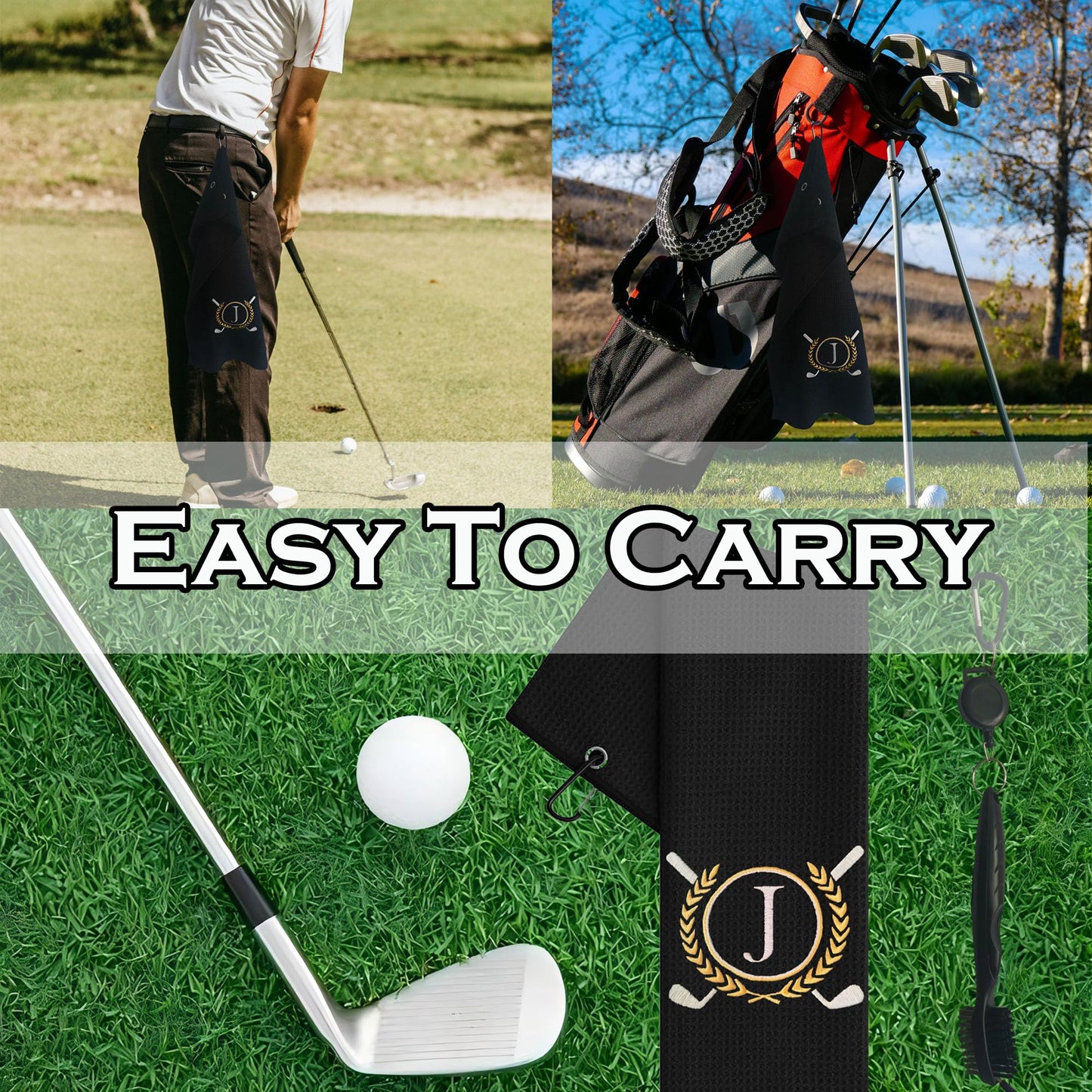 YLXLLSM Personalized Golf Towels for Golf Bags for Men, Funny Custom Letter J Embroidered Golf Towel with Clip Club Brush Groove Cleaner, Monogrammed Golf Towel Accessories Gift for Men Golfer Black