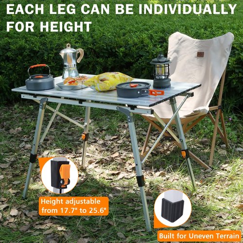 JOUYEK Folding Outdoor Camping Table with Adjustable Legs, Lightweight Aluminum Roll Up Camp Table with Carrying Bag, Mesh Storage Organizer, for Cooking, Picnic, Beach, Backyards, BBQ, Party