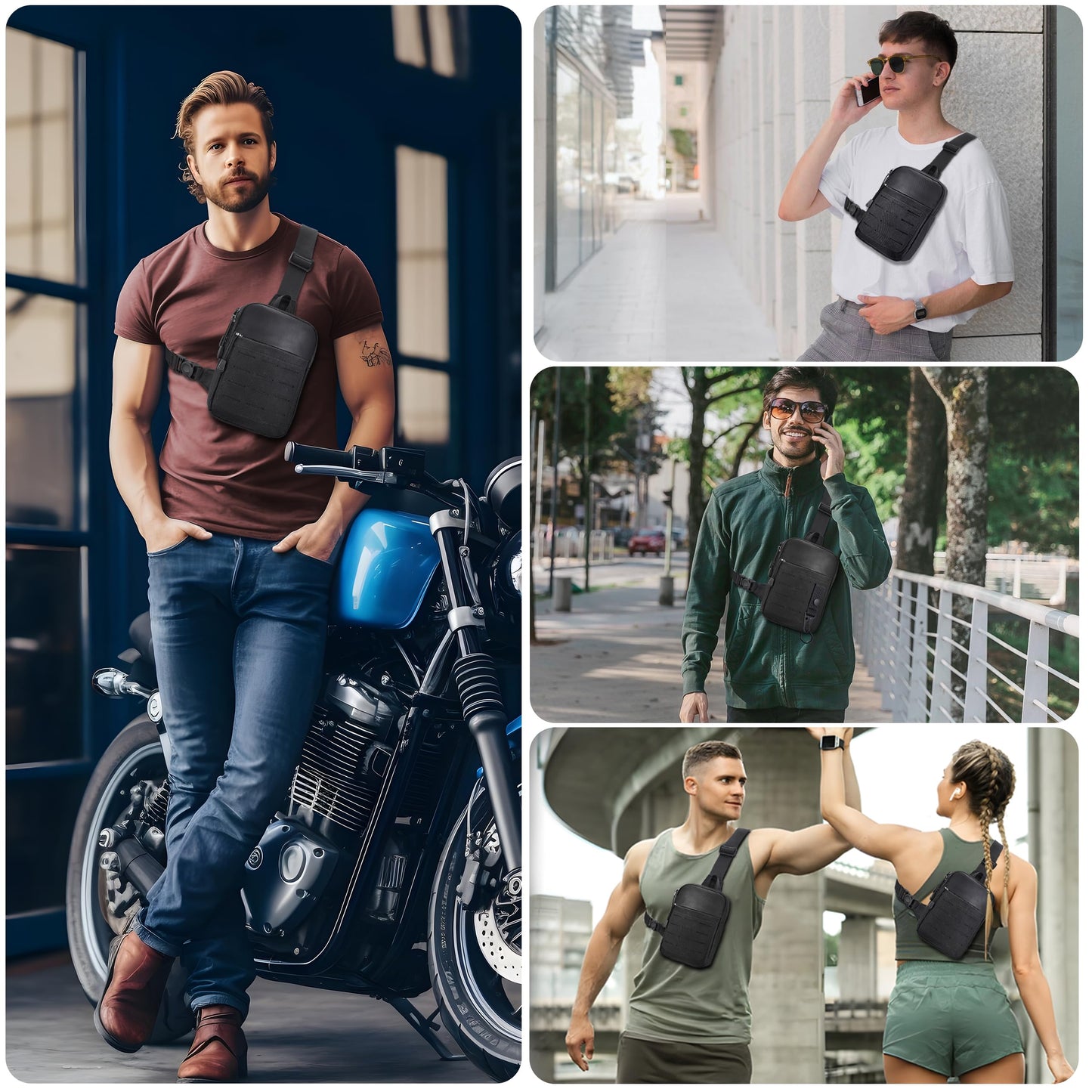 MOZETO Small Cross Body Bag, Mens Tactical Mini Sling YKK Zipper MOLLE Chest Bag Phone Holder Utility Chest Side Pack with 270° Buckle & Keychain