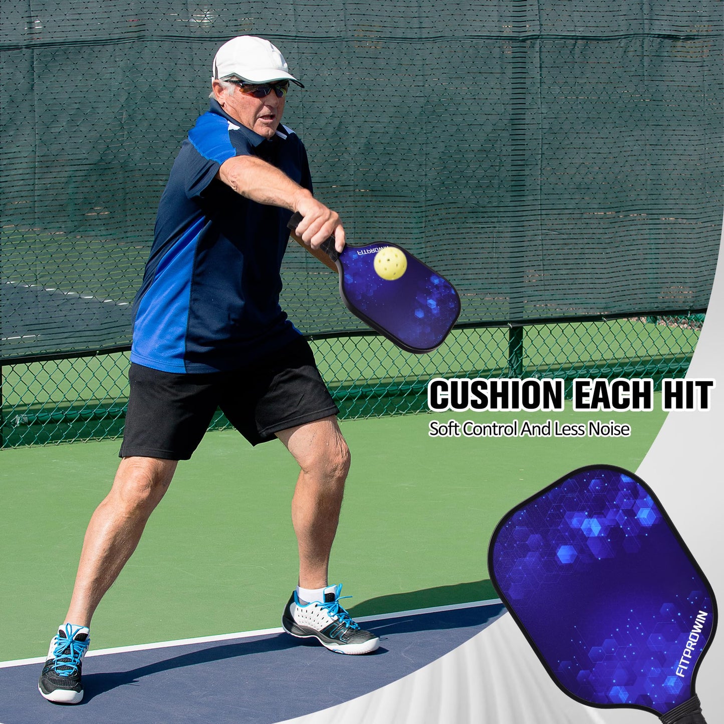 FITPROWIN Pickleball Paddles Set of 2 Fiberglass Pickleball Paddles with 16mm Honeycomb Core Lightweight Blue Pickle Ball Paddles for Men Women Beginners，4 Balls, Portable Bag