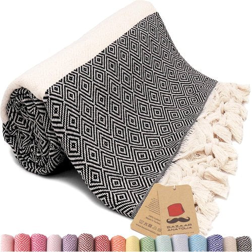 Bazaar Anatolia Turkish Beach Towel - Quick-Dry, Lightweight & Sand-Free - Oversized 71x39 Inches | Diamond Black