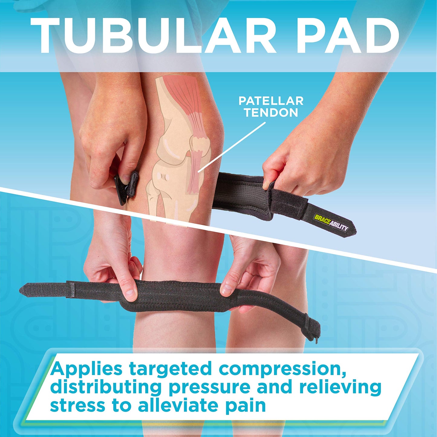 BraceAbility Kids Knee Band - Youth Patellar Tendon Support Strap Child Osgood Schlatter Brace for Jumpers Knee, Patella Tendonitis, Sports Wrap for Running, Soccer, Volleyball, Basketball (S)