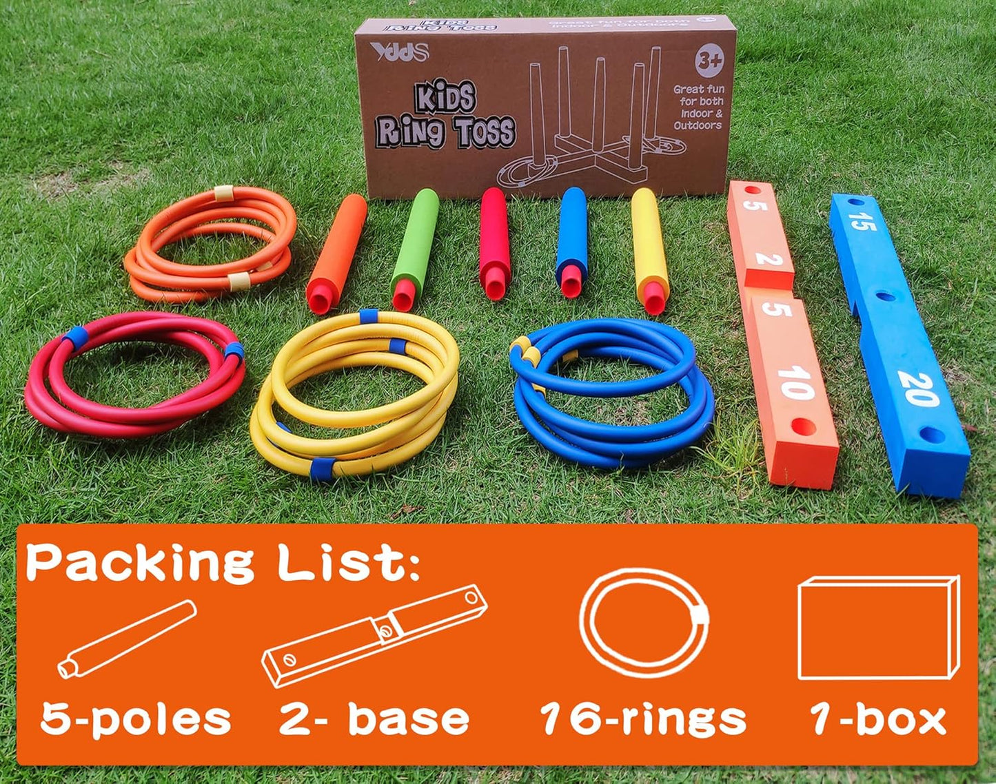 Skiennix Ring Toss Game - Fun Indoor & Outdoor Activity for Kids and Family | 5 Poles, 16 Rings in 4 Colors