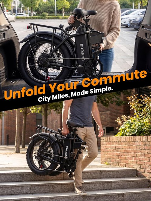ESKUTE D300 Electric Bike - 1200W Peak Motor, 48V 20.8Ah Removable Battery, 20x4 Fat Tires | 28 MPH, Up to 80 Miles