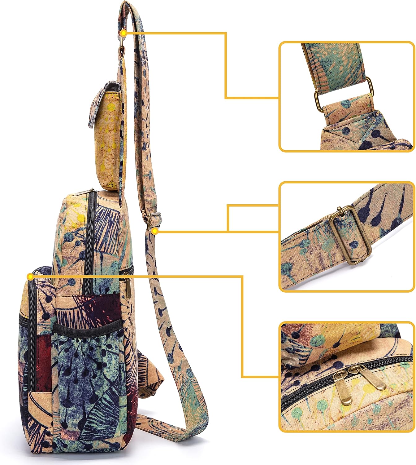 Skiennix Women’s Sling Bag - Large Bohemian Elephant Canvas Crossbody Bag | Purple & Yellow