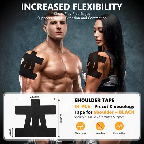 Precut Kinesiology Tape for Shoulder – 14 PCS Elastic Shoulder Support Tape, Waterproof & Breathable, Hypoallergenic Sports Tape for Pain Relief, Black