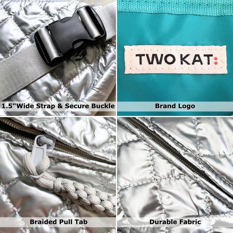 TWO KAT Metallic Quilted Chest Fanny Pack Crossbody Bag with Multi Pockets & Adjustable Strap, Fashionable Men Women Sling Backpack, Casual Waist Belt bag (Silver with Teal Lining, Medium)