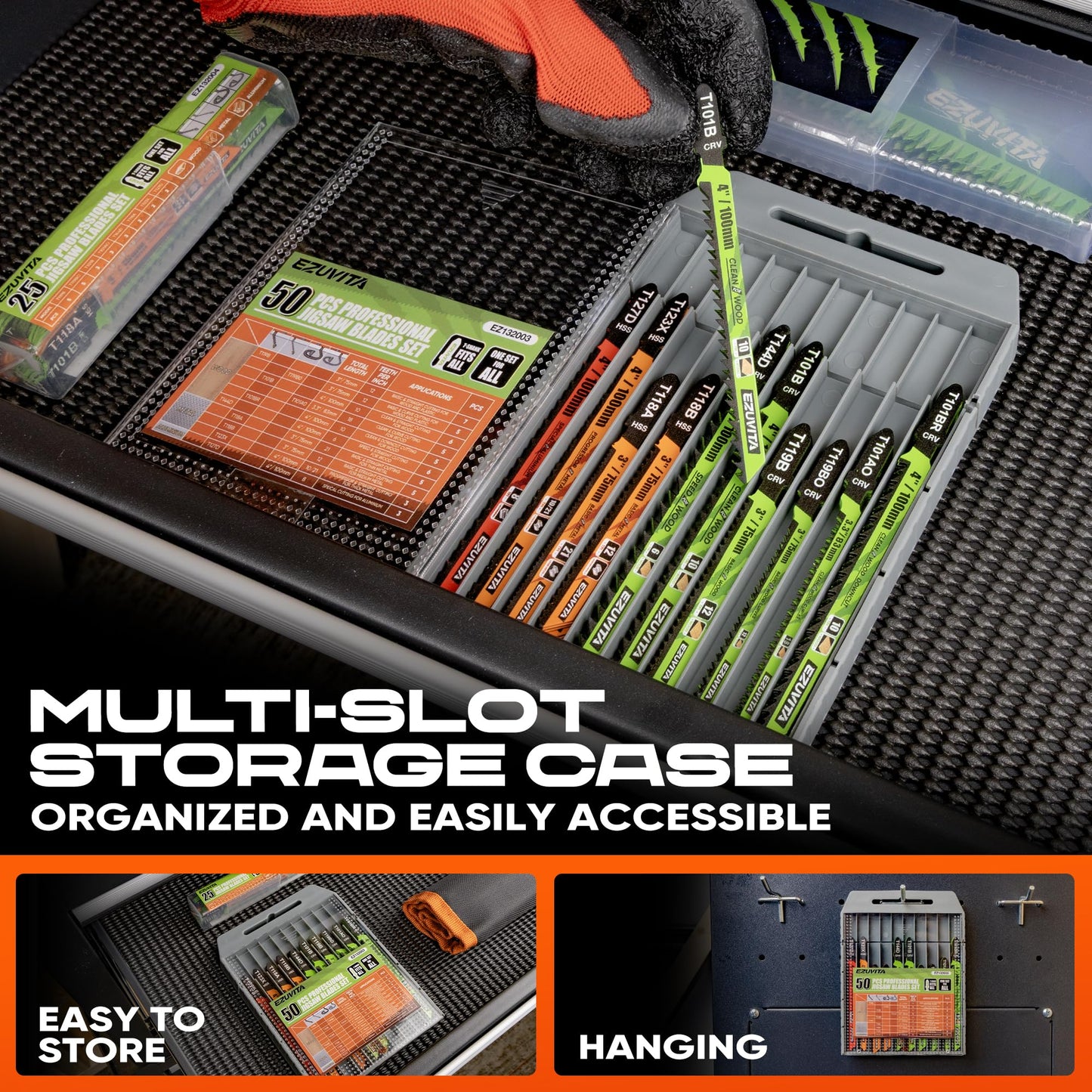 EZUVITA 50-Piece Jigsaw Blades Set with Storage Case–CR-V&HSS Steel, Assorted T-Shank Replacement Jig Saw Blades for Cutting Wood, Plastic and Metal