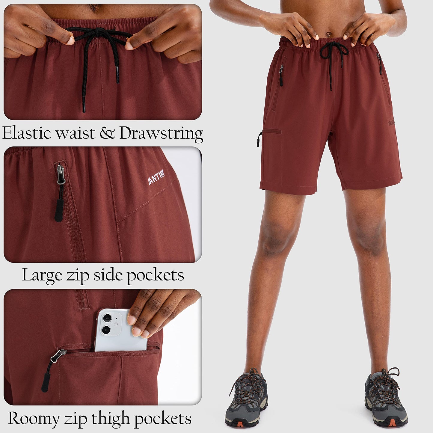 SANTINY Women's 5''/ 7''/9'' Hiking Cargo Shorts Quick Dry Lightweight Summer Shorts for Women Athletic Golf Zipper Pockets(Maroon_S)