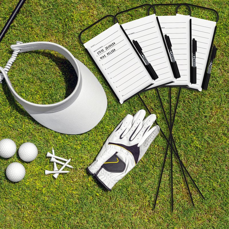 Niyanghome 4 Pcs Closest to The Pin Marker - Golf Metal Proximity Marker with 50 Sheets Cards and 4 Pens, Stainless Steel Golf Marker Golf Signs for Long Drive Putting Competition
