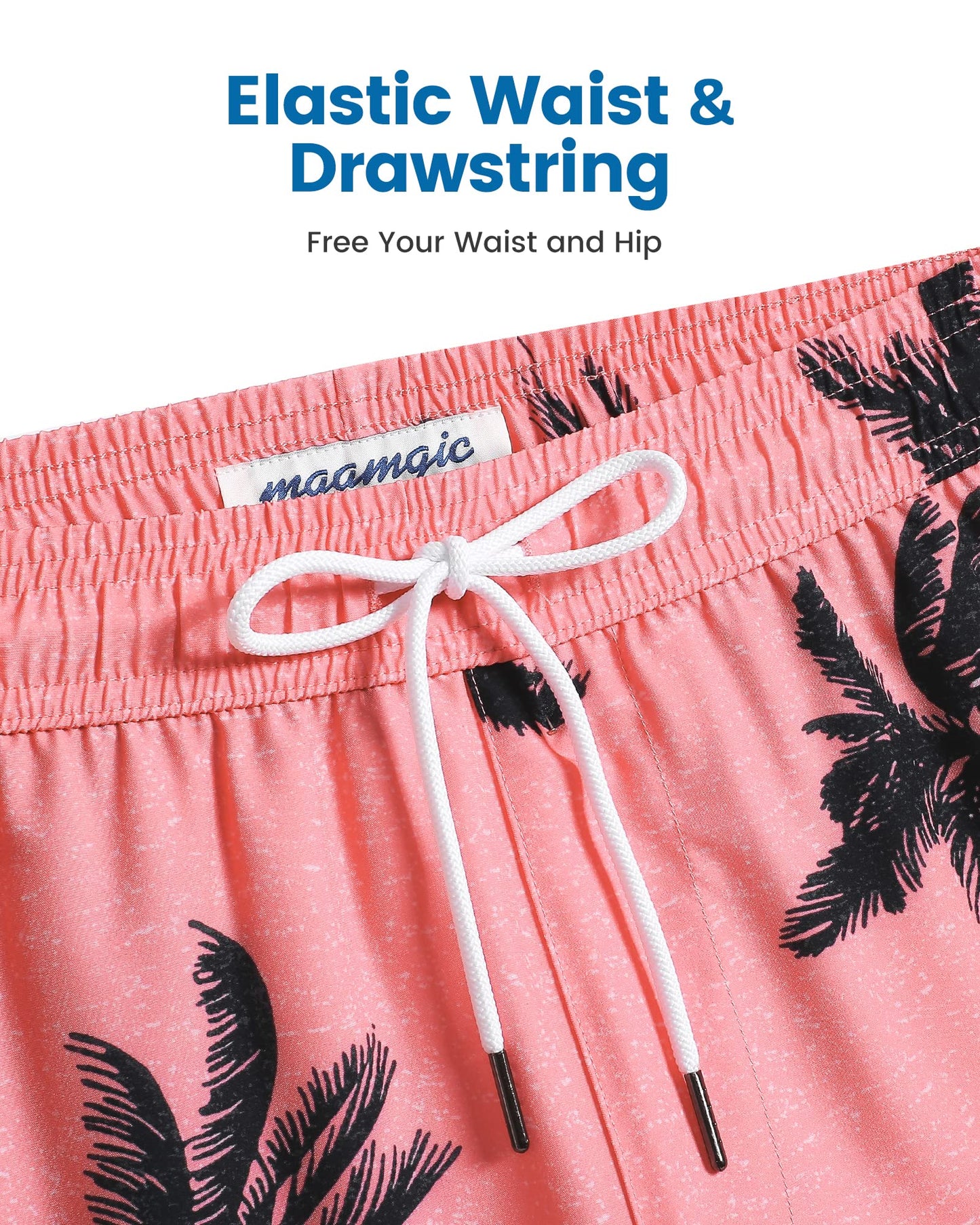 maamgic Mens Swim Trunks with Compression Liner 5 Inch, Quick Dry Bathing Suit with Zipper Pockets, Stretch No-Chafing Swim Shorts, Pink-Palm Tree Small