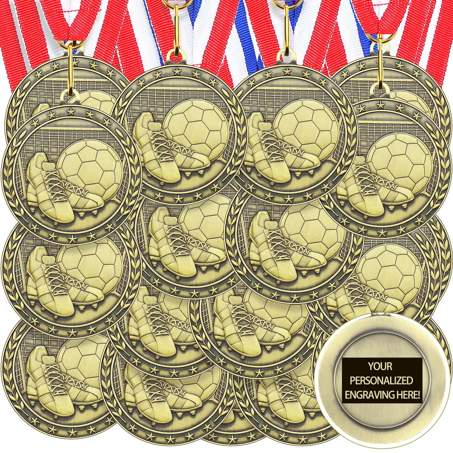Equsion 36 Pcs 2'' Gold Medals Bulk Volleyball Football Basketball Soccer Baseball Archery Dink Ball Cheer Track Bowling Awards Medals with Ribbons for Sports Participation Winner Gift(Soccer)