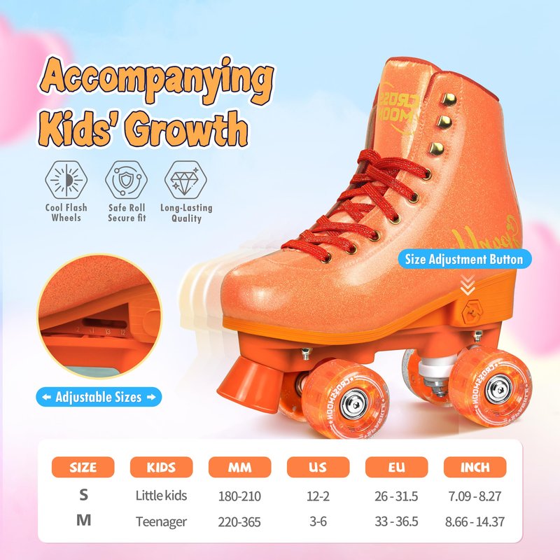 Active Girls' Adjustable Roller Skate, Sleek Design, Premium PU Leather Scuff-Resistant Easy to Clean, Gift for Girls Kids (Orange, Medium (3-6))
