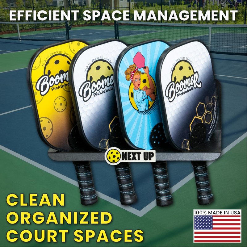 45D Pickleball Paddle Rack | Holds Four Paddles at a 45-Degree Angle Making All Paddles Visible | Track Players “Next-Up” | Heavy-Duty Steel Finished in Black Weather-Proof Powder Coating