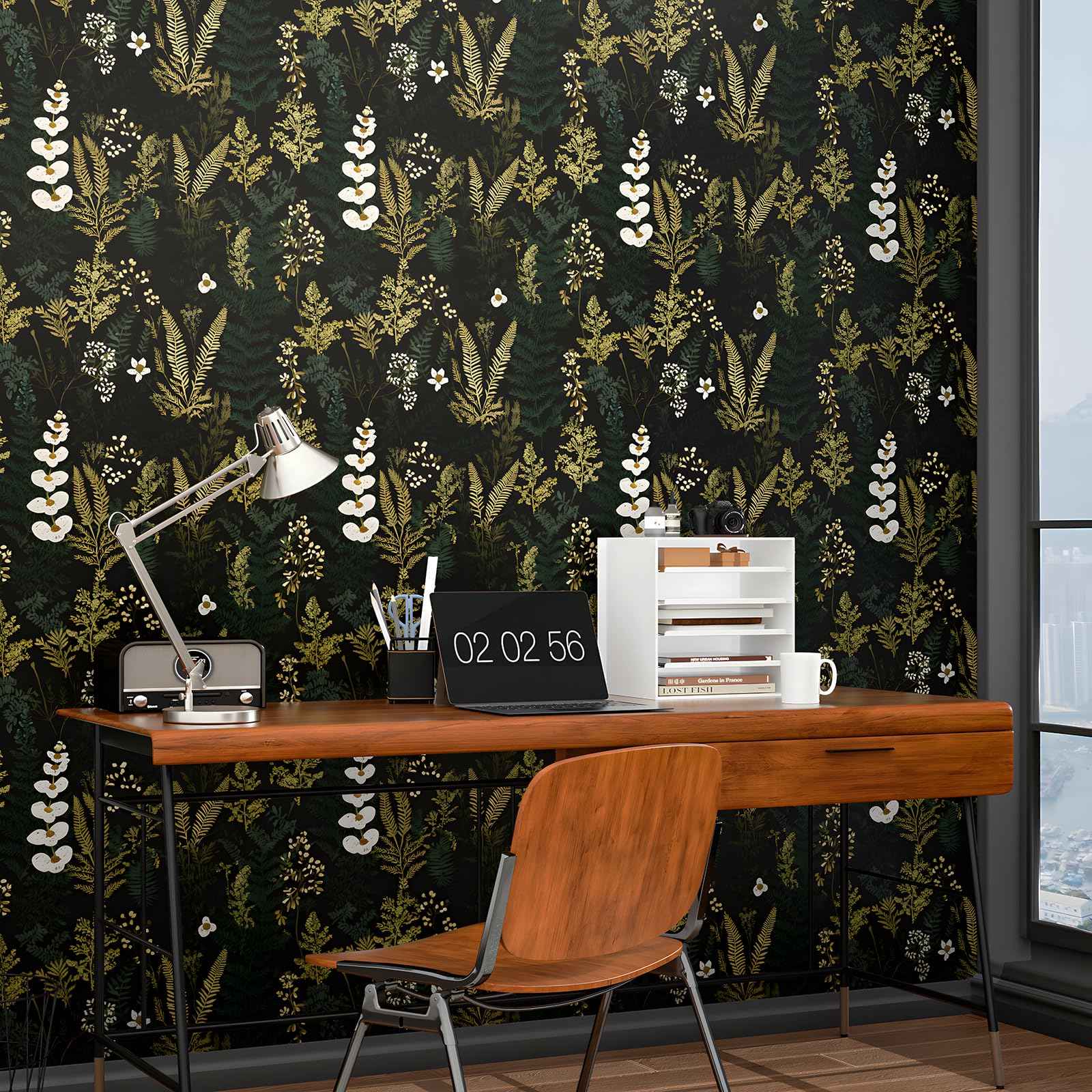 Black Floral Wallpaper Peel and Stick Dark Green Gold Leaf Contact Paper Waterproof Self-Adhesive Forest Tropical Fern Wall Paper for Bedroom Countertop Desk Cabinets 17.4" x 118" Renter Friendly