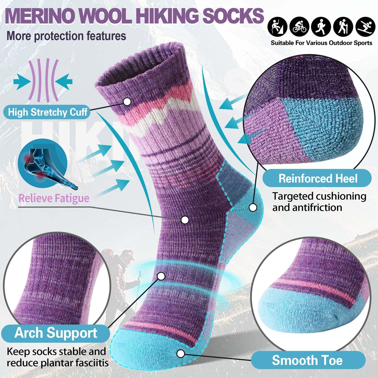 Sandsuced Womens Merino Wool Hiking Socks Thermal Winter Warm Cozy Outdoor Crew Socks 5 Pairs Gift Stocking Stuffers(Purple/Blue/Dark Blue/Rose Pink/Light Blue，M)
