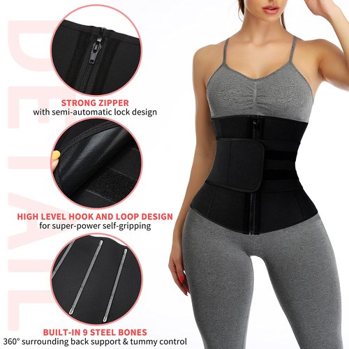 KIWI RATA Neoprene Sauna Waist Trainer Corset Sweat Belt with 2 Straps for Women Sweat Band Compression Cincher Workout Fitness Trimmer,#1 Zipper Black,Small