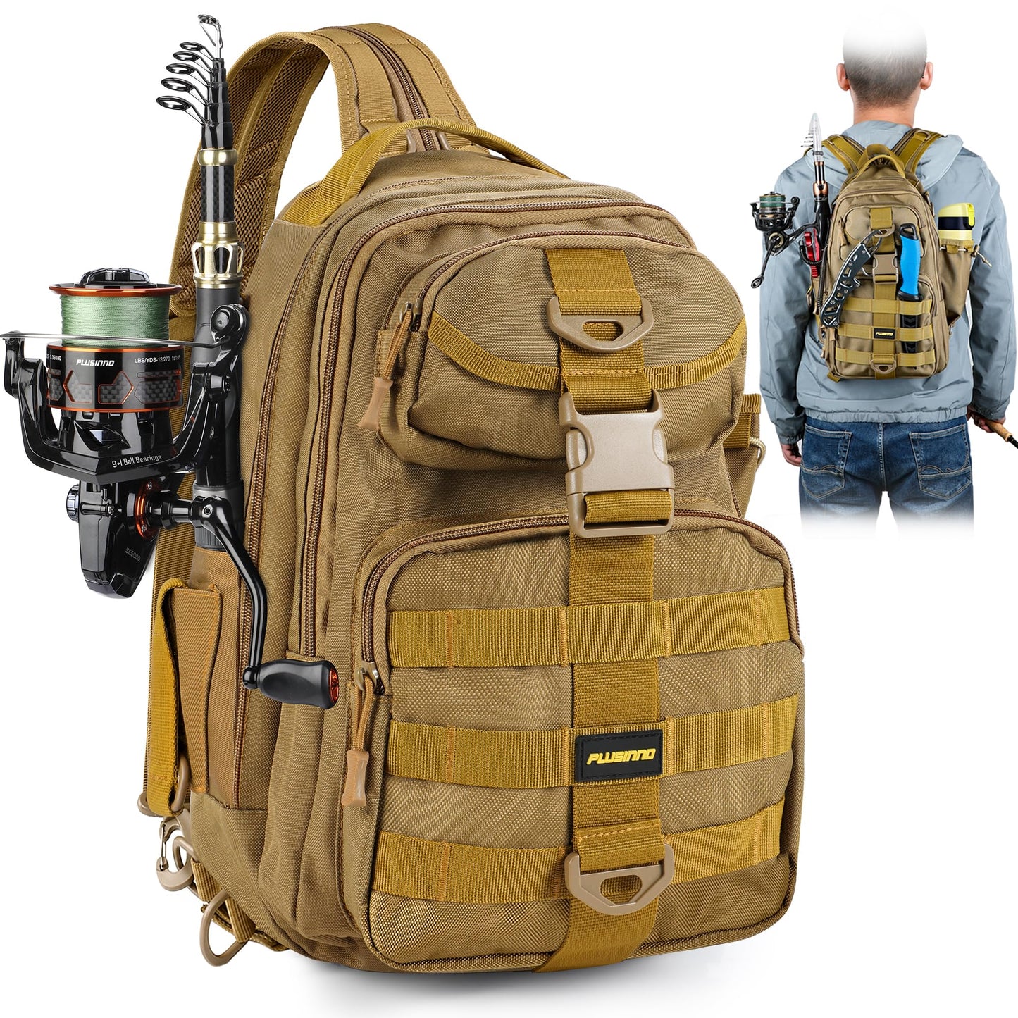 PLUSINNO Fishing Backpack Tackle Bag, Water-Resistant Backpack with Rod Holder, Ideal Gifts for Men