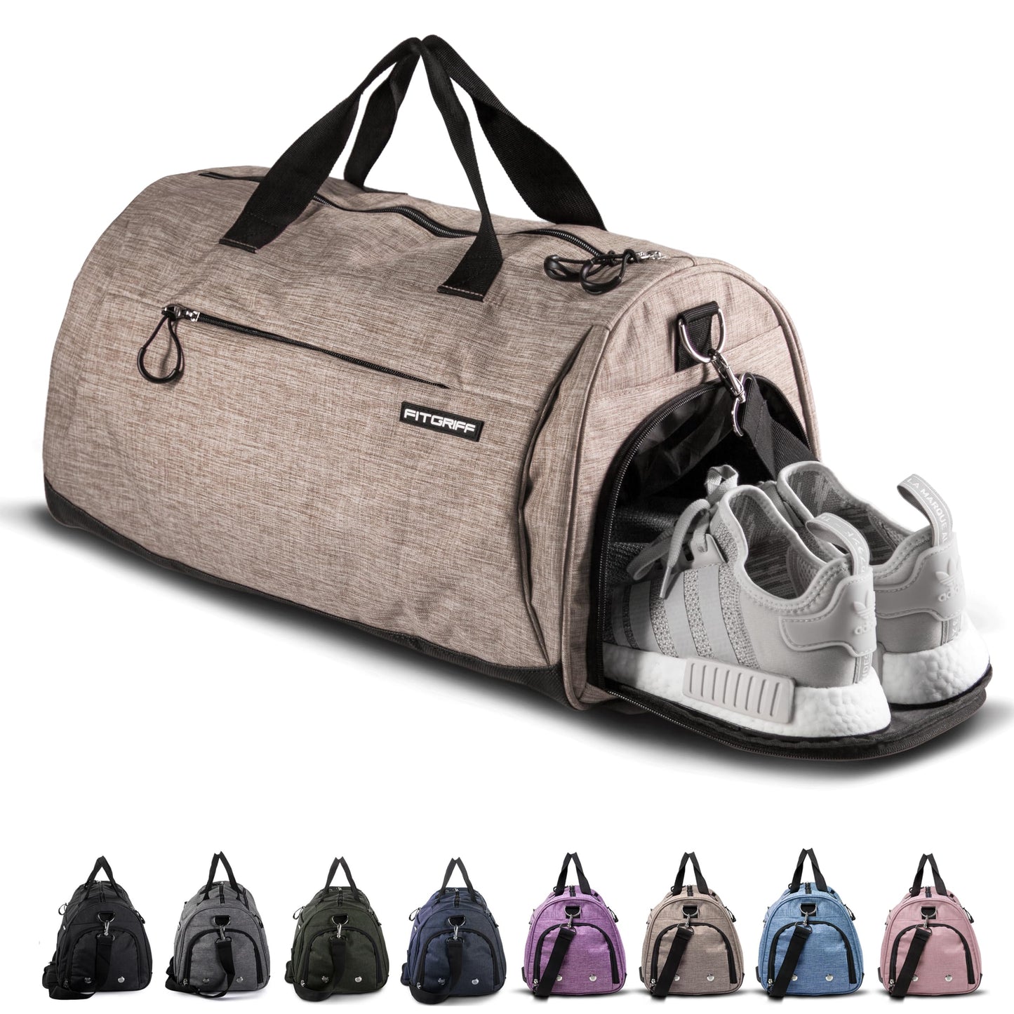 Fitgriff® Gym Bag for Men & Women with Shoe & Wet Compartment - Duffle Bag for Travel, Sports, Fitness & Workout (Sand, 23 x 12 x 12″ (Medium))