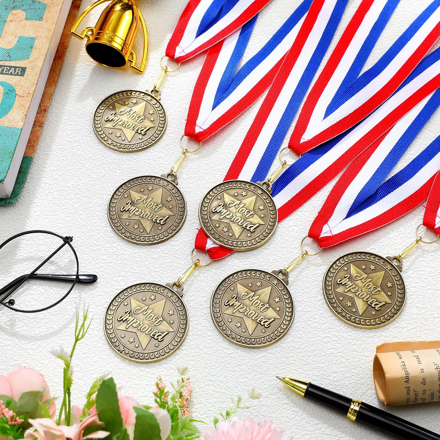 Quelay 30 Pcs 2'' Award Medals Bulk Gold Winner Medals with Neck Ribbons Metal Trophy Award Prize Gift for Tournaments, Competitions, Party, Kids and Adults (Most Improved)