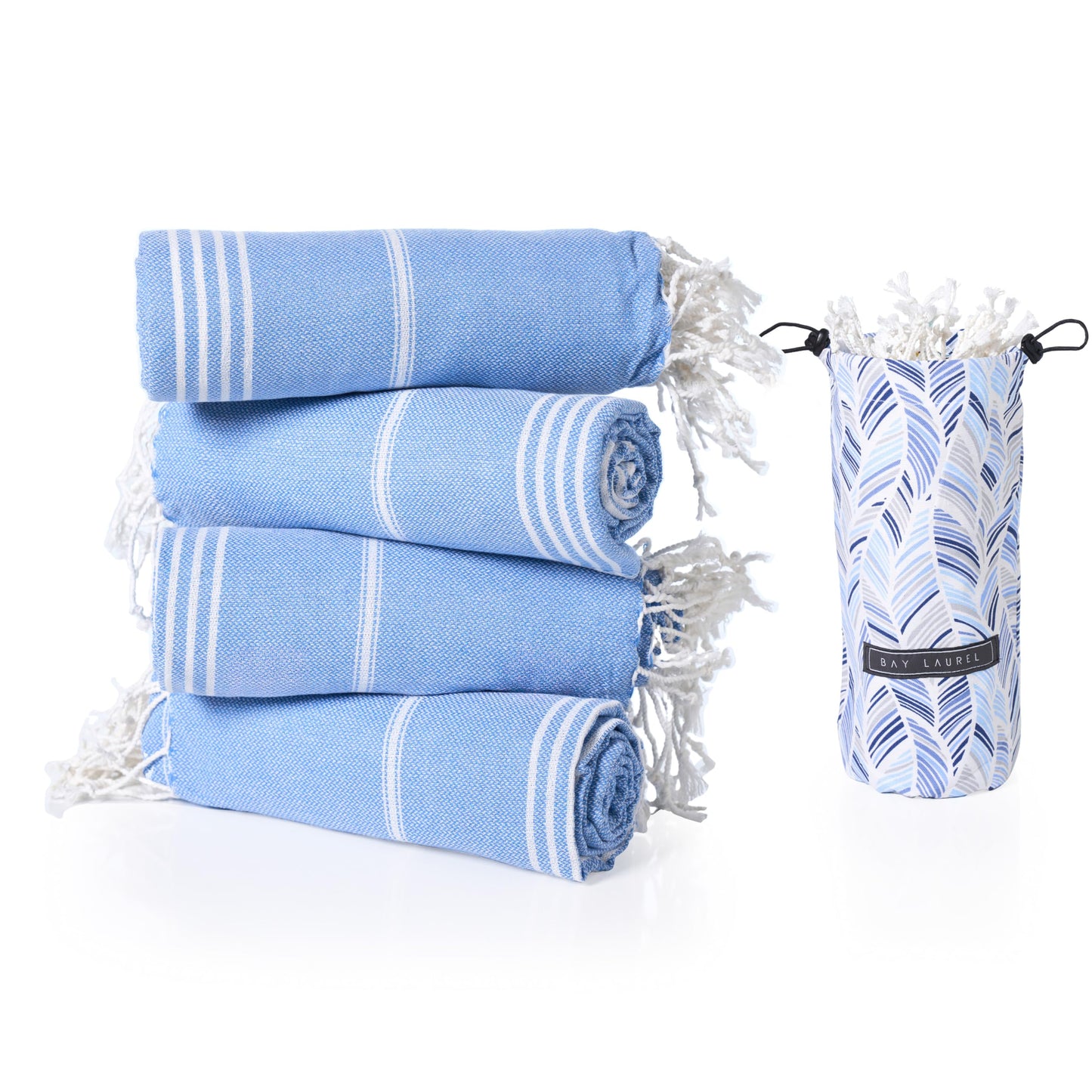 BAY LAUREL 4-Pack Oversized Turkish Beach Towels – Quick Dry, Sand Free Towels with Travel Bags, 39"x71", Lightweight (Pack of 4 - Denim Blue)