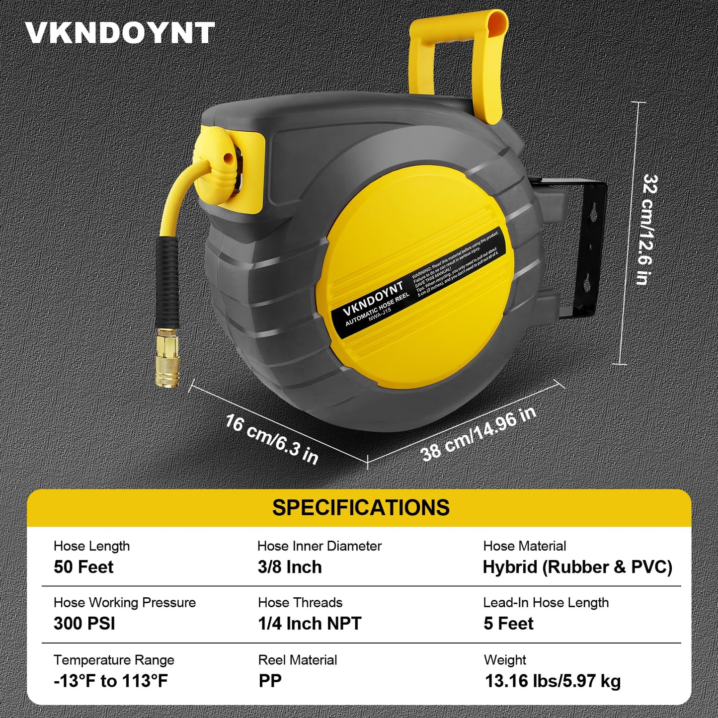 Retractable Air Hose Reel, 3/8 in x 50 FT Hybrid Polymer Hose, Air Compressor Hose Reel with 5 ft Lead in, Ceiling/Wall Mount Enclosed Air Reel, 180° Swivel Mount